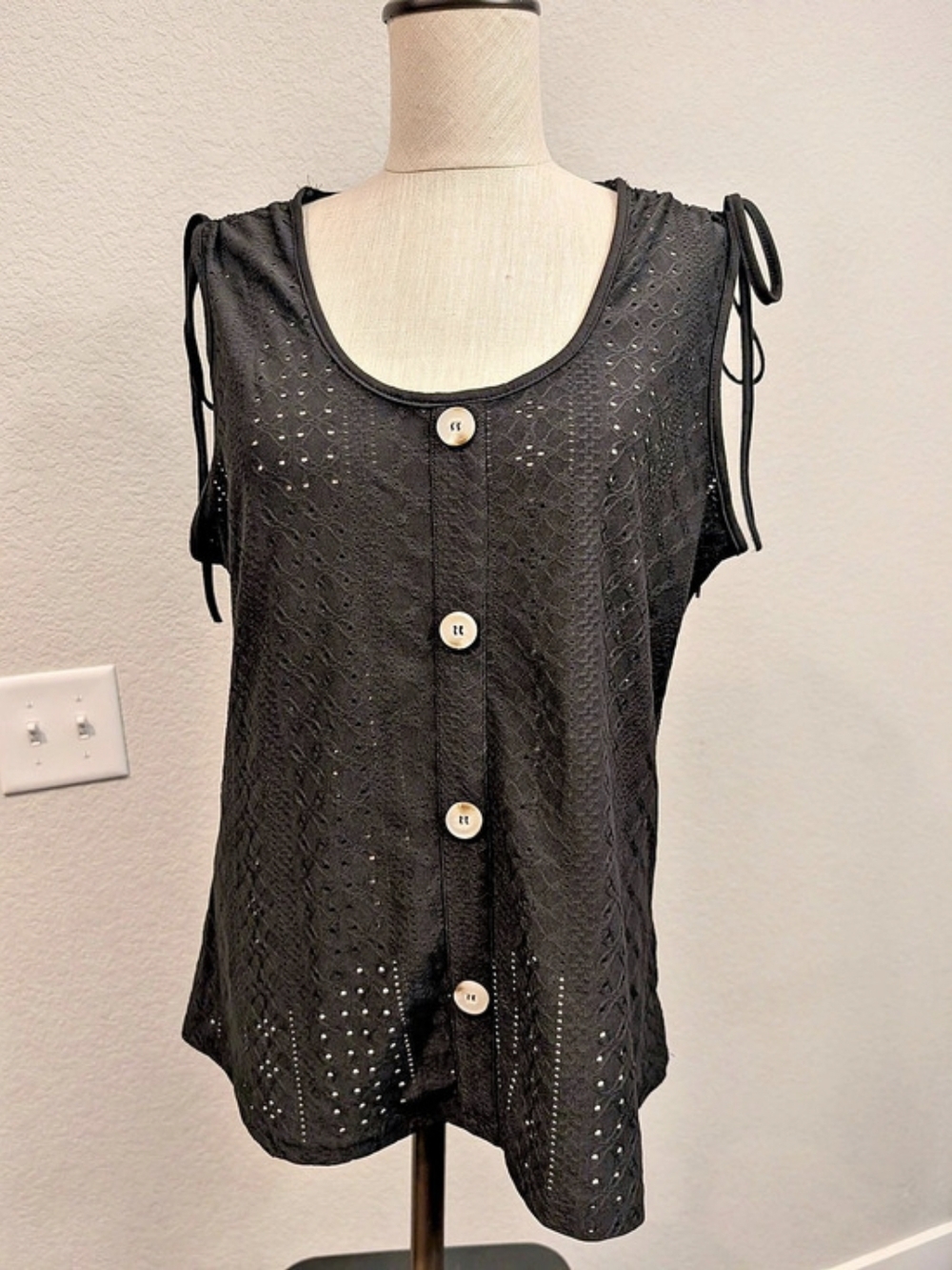 NWT Sz L Just Fashion Now Black Eyelet Tie-Shoulder Top Casual